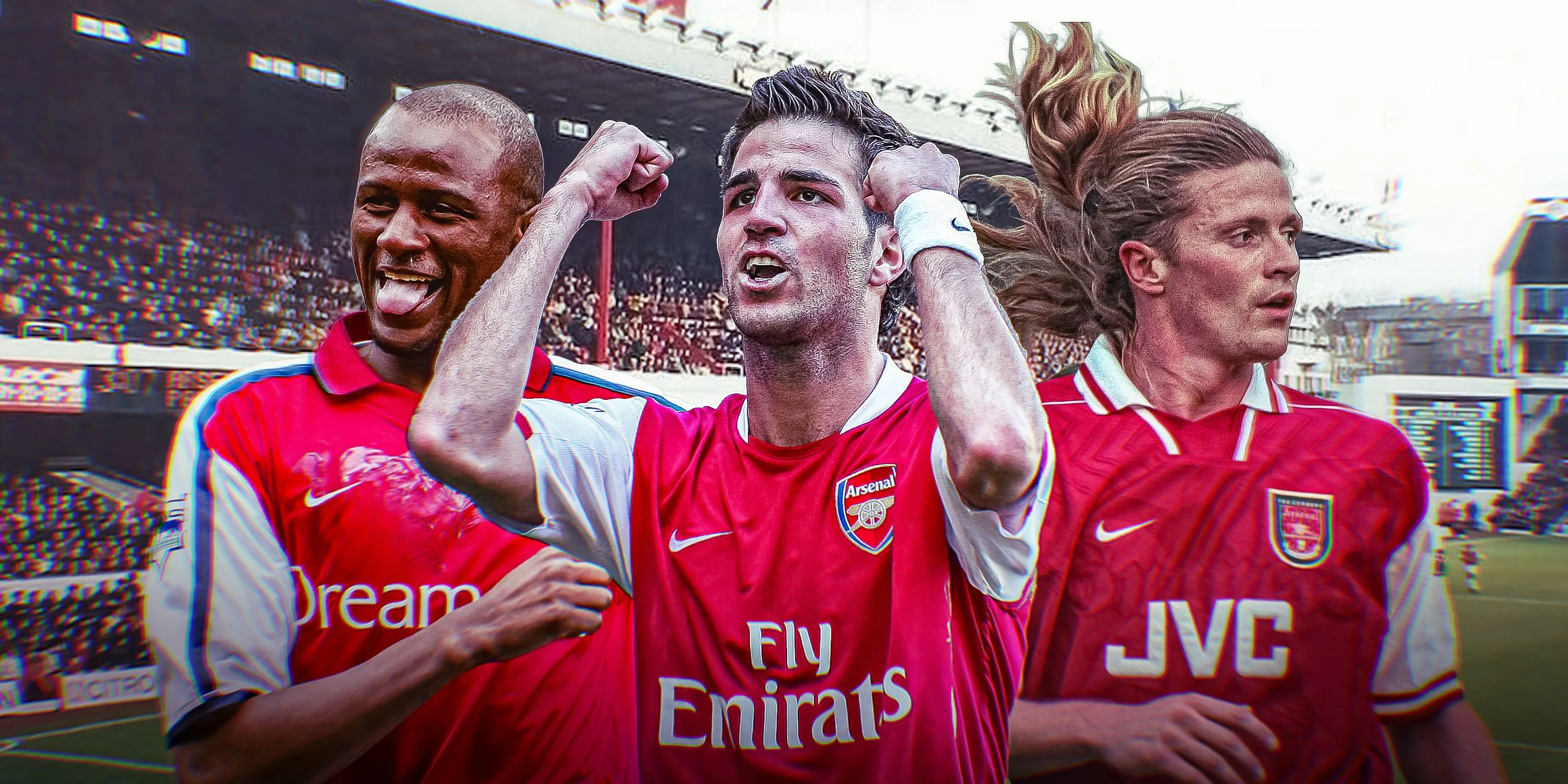 Ảnh minh họa các huyền thoại Arsenal từng thi đấu ở tuyến giữa: Patrick Vieira, Cesc Fabregas và Emmanuel Petit tại sân Highbury