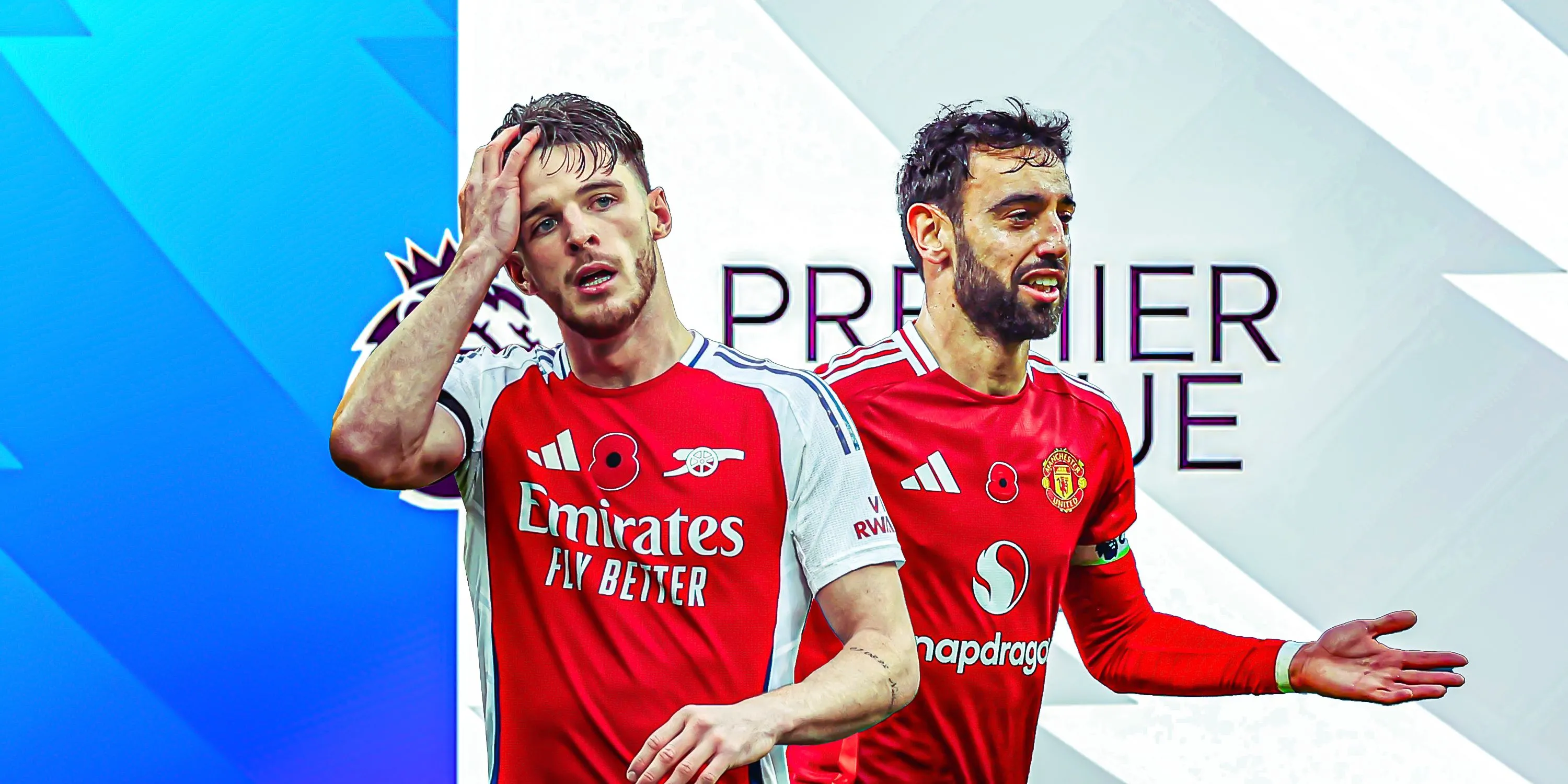 Declan Rice (Arsenal) và Bruno Fernandes (Manchester United) đối đầu trong một trận đấu Ngoại hạng Anh