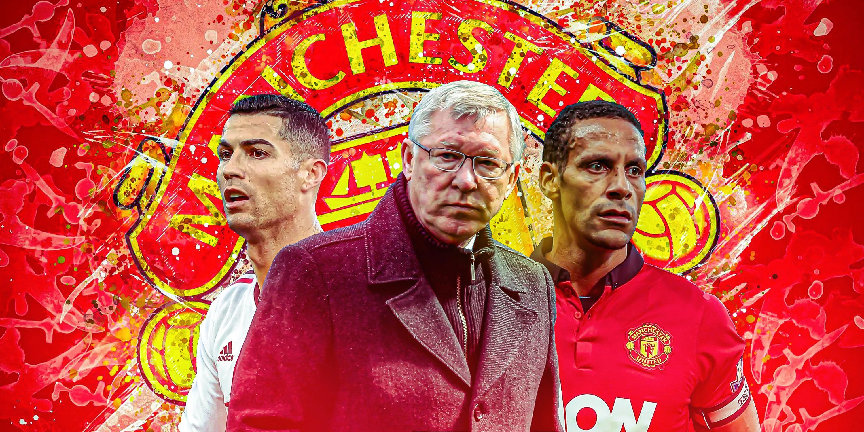Hình ảnh lịch sử Manchester United với các biểu tượng Cristiano Ronaldo, Sir Alex Ferguson và Rio Ferdinand trong bối cảnh thảo luận về mùa giải tệ nhất